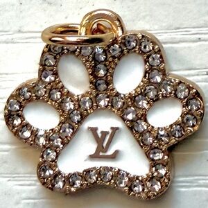 New White Paw LV Print Charm | Gold Tone CZ Dog Charm | Luxury Pet Accessory